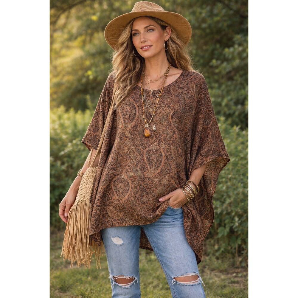 April Cornell Trading Brown Paisley Lagenlook Poncho Cottagecore Boho Med LG XL